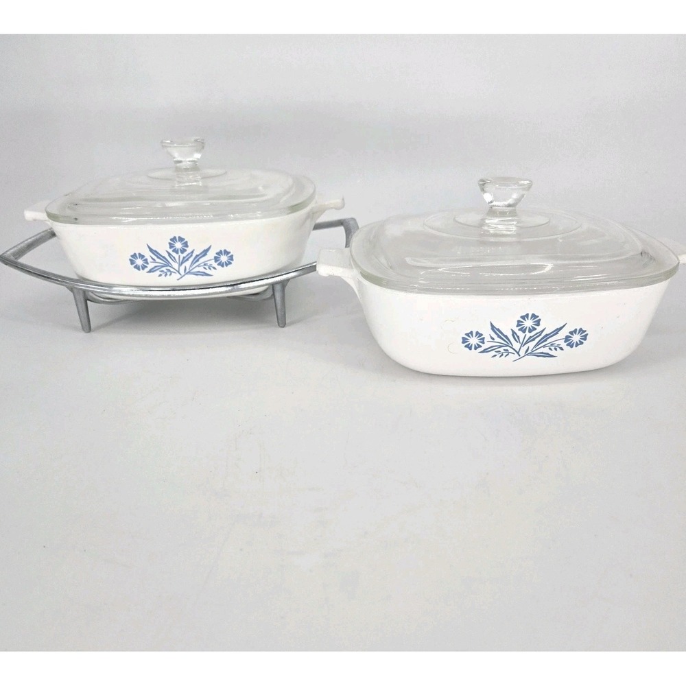 Corning Ware Cornflower Blue Set Two P-1-B 1 Qt Casserole Set Lids Chrome Rack